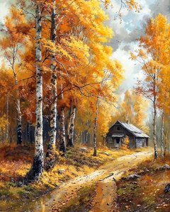 Casa tradicional en un bosque de abedules, decoración de pared para dormitorio