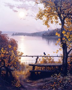 jardín de una casa en el campo junto a un lago, pintura de paisaje de F. Abderrahim