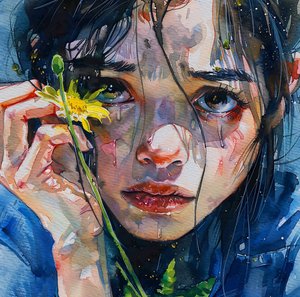 Una niña acaricia una flor amarilla, retrato en primer plano, impresión en lienzo online de F. Abderrahim