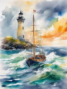 Un faro, las olas y un barco en las olas del mar Pintura, decoración de la pared moderna