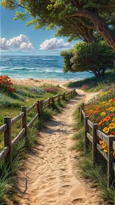Un camino de arena conduce a una hermosa playa con una valla de madera y flores de colores de F. Abderrahim