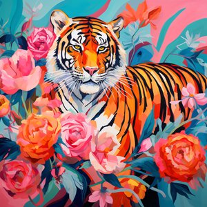 Pintura abstracta Peonía Rosa y tigre, colores vivos, ideas de decoración de pared