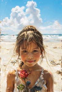 Hermosa niña sosteniendo rosas junto al mar, impresión en lienzo y decoración de pared