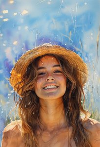 Hermosa mujer con sombrero y pelo castaño suelto a la orilla del mar de F. Abderrahim