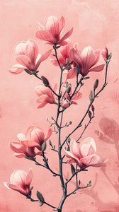 Flores minimalistas rosas y grises, decoración botánica de pared para dormitorio