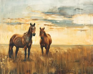 Pintura al óleo Caballos majestuosos en un campo al atardecer, Lienzo y decoración de pared de F. Abderrahim