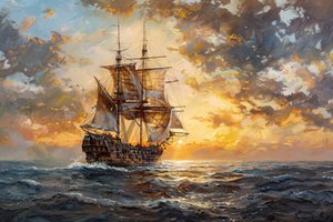 Pintura al óleo Barco pirata en el océano al atardecer, enmarcado decoración de la pared de F. Abderrahim