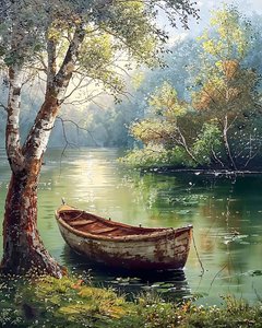 Viejo barco de madera sentado en el agua ilustración, ideas de decoración de pared