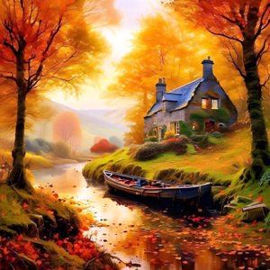 Pintura de una cabaña en el bosque con un arroyo, paisaje otoñal