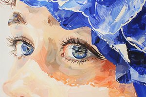 Pintura al óleo realista índigo cinematográfico, Ojo azul femenino de cerca de F. Abderrahim
