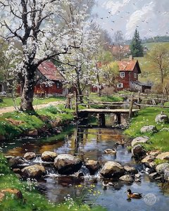 La cabaña del molino en primavera, óleo sobre lienzo, decoración de pared enmarcada