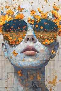 Cara de mujer de cerca con flores del Olimpo, decoración de pared moderna de F. Abderrahim