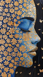 Cara de mujer, lámina de oro Rangoli robótico poder de las flores, ideas de decoración de pared