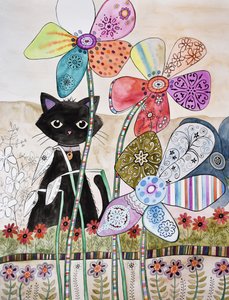 Gato detrás de las flores