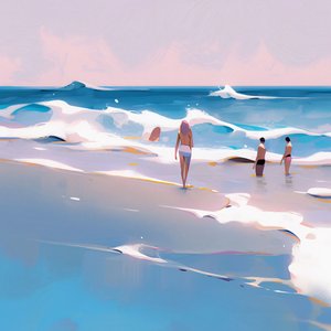 Gente en la playa Acuarela minimalista con olas, Decoración de pared en venta de F. Abderrahim