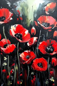 pintura a cuchillo, amapolas rojas vivas aplicadas en capas gruesas, impresiones de arte mural en línea de F. Abderrahim