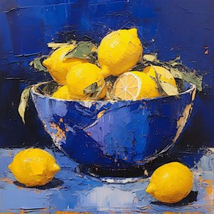 Un jarrón de cerámica azul con limón en la cocina, Decoración de pared enmarcada de F. Abderrahim