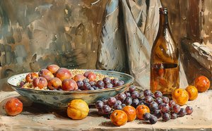 Un bodegón, frutas y botella de vino, pintura pincelada, Decoración de la pared para la venta de F. Abderrahim