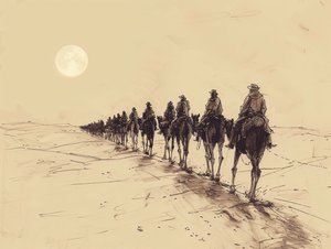 Desert Sun Procession Minimalist Single-Line Sketch, Decoración de pared en venta de F. Abderrahim