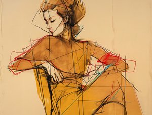 Ilustración de moda y dibujo de una mujer sentada, Retrato con elegante vestido marrón, impresiones artísticas de F. Abderrahim