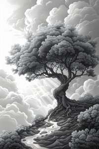Majestuosa formación rocosa, portal natural, dramática tormenta y árbol, decoración de pared enmarcada, de F. Abderrahim