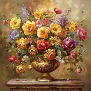 Jarrón de estilo pintado de mediados de siglo con ricos toques dorados, impresiones artísticas en línea de F. Abderrahim