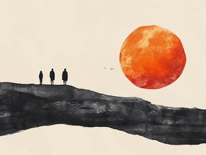 Dibujo minimalista de una sola línea de una procesión del sol del desierto, decoración de pared para dormitorio de F. Abderrahim