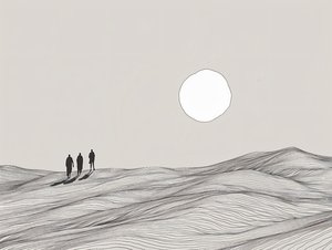 Dibujo minimalista, Hombres caminando en una procesión del sol del desierto, impresiones artísticas en línea de F. Abderrahim