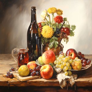 Bodegón, flores, frutas y vino, pared Decoración del hogar impresiones de F. Abderrahim