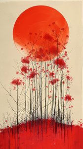 Puesta de sol en una colina de flores rojas pintura, pared vertical Decoración para la venta de F. Abderrahim