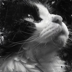Esbozo minimalista en blanco y negro ampliado de la cara de un gato, impresiones decorativas de pared de F. Abderrahim