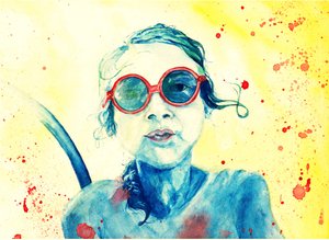 Chica con gafas de sol rojas