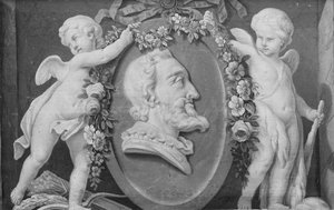 Busto de Enrique IV en medallón ovalado con fondo azul sostenido por dos cupidos, siglo XVIII de 18th century . French Painter