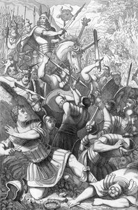 El jefe cherusco Arminio (18 a.C.-21 d.C.) en la Batalla de Teutoburgo (Teutoburger Wald o Teutberg) oponiéndose a los romanos contra los germanos en el 9 d.C. (Los cheruscos al mando de Arminio (Hermann) derrotan a las legiones romanas 17â19 al mando de V