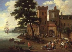 Pescadores descargando su captura y caballeros partiendo de una casa señorial de A.F. and Bouts P. Boudewyns