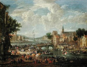 Gente del pueblo en la orilla del río de A.F. and Bouts, P. Boudewyns