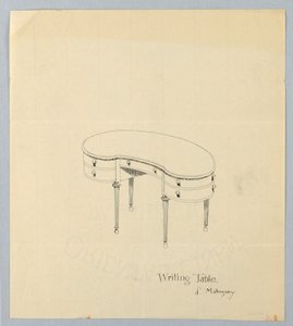 Diseño para mesa de escritura en forma de riñón con patas en forma de pera
