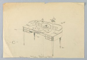 Diseño para mesa de escritura semicircular "C" con patas de latón y barandilla de latón