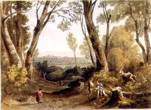 Hereford, desde Dynedor Hill, grabado por Theodore H. A. Fielding (1781-1851), pub. en 