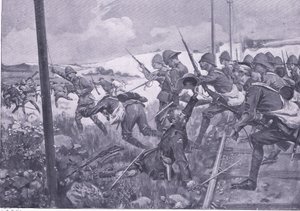 Carga de los fusileros escoceses en Frederikstad (ilustración de After Pretoria: The Guerilla War, 1902) de A. C. Ball