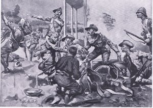 El ataque a la granja Hamel Fontein, de Después de Pretoria: La Guerra de Guerrillas publicado por Harmsworth Bros Limited, 1901 de A. C. Ball