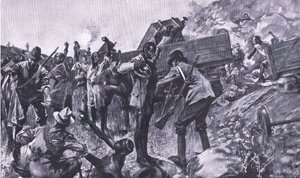 El descarrilamiento del tren cerca de Taaibosch, de Después de Pretoria: La Guerra de Guerrillas publicado por Harmsworth Bros Limited, 1901 de A. C. Ball