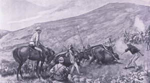 Dificultades de transporte en Barberton: Cómo se subieron los cañones y los carros por las montañas, ilustración de Después de Pretoria: La Guerra de Guerrillas, 1902 de A. C. Ball