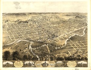 Vista aérea de la ciudad de Fort Wayne, Indiana 1868. LOC 73693381 de A.; Chicago Lithographing Co. Ruger