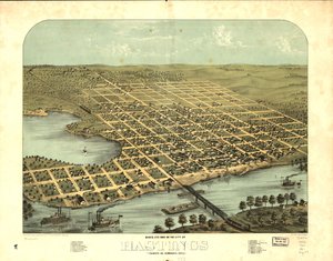 Vista aérea de la ciudad de Hastings, Dakota Co., Minnesota 1867. LOC 73693453