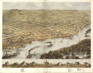 Vista aérea de la ciudad de La Crosse, Wisconsin 1867. LOC 73694545 de A.; Chicago Lithographing Co. Ruger