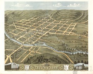 Vista aérea de la ciudad de Titusville, condado de Crawford, Pensilvania 1871. LOC 73694524 de A.; Chicago Lithographing Co. Ruger
