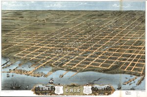 Vista de pájaro de la ciudad de Erie, Condado de Erie, Pensilvania 1870. de A. Chicago Lithographing Co. Ruger and Stoner Ruger