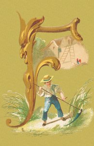 F: segadora, falsa, heno, granja (litografía en color)