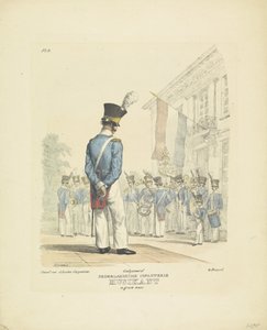 Músico en uniforme completo Músico de gala, 1820-1825 Nederlandsche Infanterie Musikant en gran uniforme (título sobre objeto) Trajes militares del Reino de los Países Bajos. Dedicado a Su Excelencia Willem van Bylandt (título de serie en obj